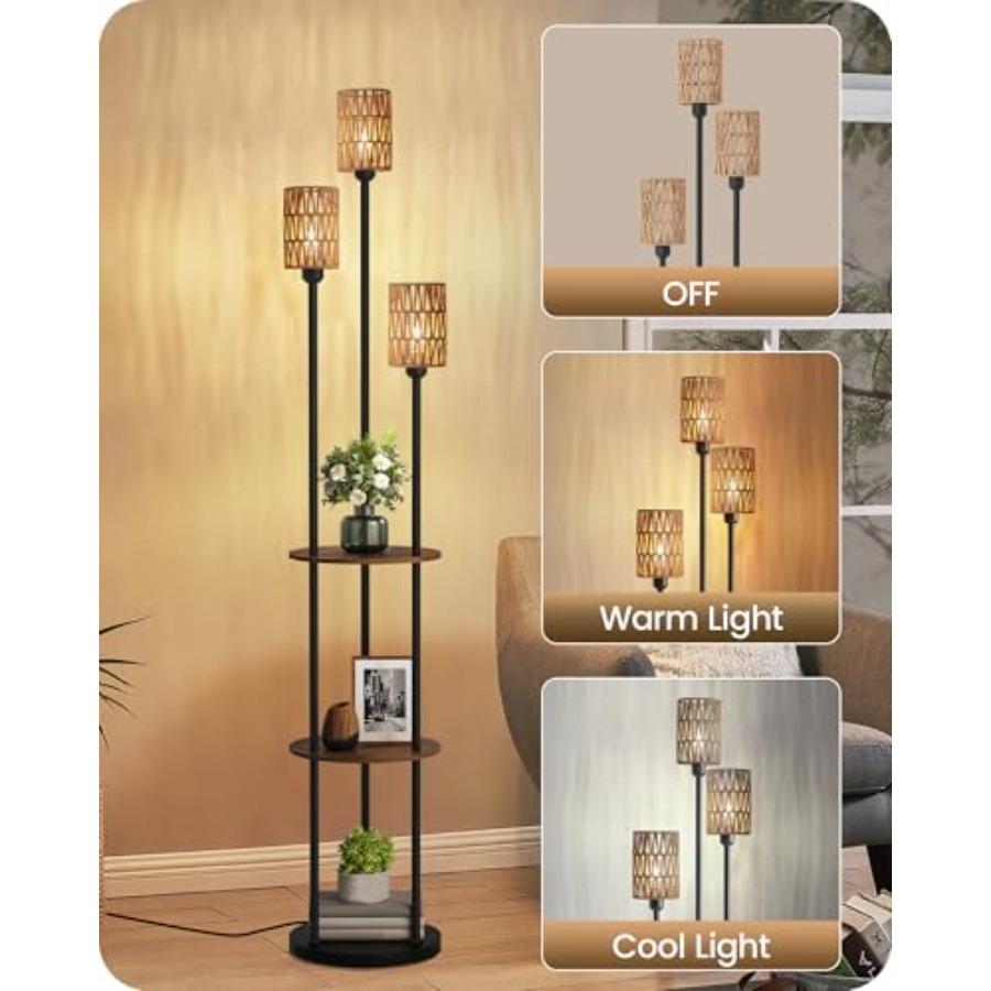 Boho Floor Lamp with Shelves and Foot Switch 3-Light Standing Lamp in Rustic Brown and Yellow for Living Room Bedroom Study