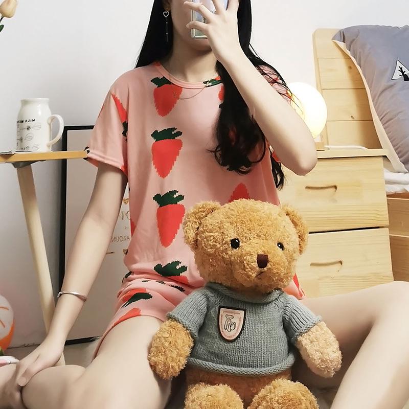 Letni zestaw piżam damskich: Okrągły dekolt, Krótki rękaw, Nadruk z kreskówką, Odmładzająca odzież domowa