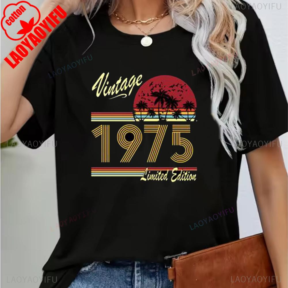 Vintage 1975 Funny 50Th Birthday Gifts 50 Years Old Retro Print T-Shirt Short Sleeve Crew Neck Casual Top for Summer & Spring