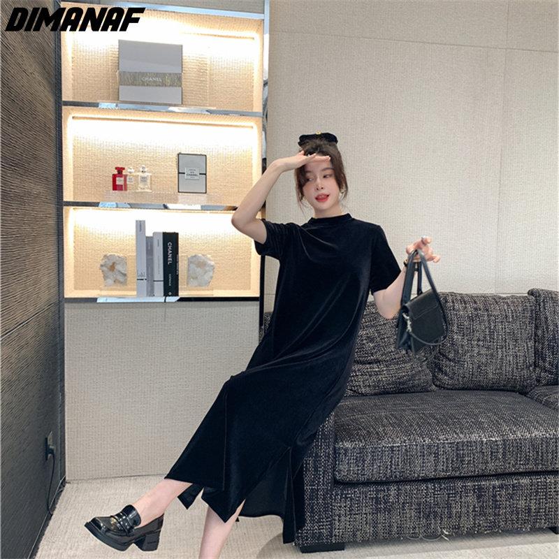 Dimanaf Women 2022 New Autumn Dress Solid Elegant Long Dress Loose Dress Show Thin O-Neck Dresses