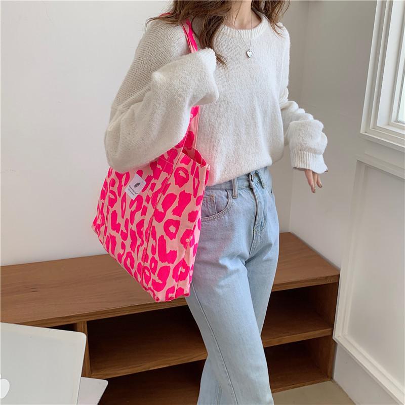 Fashion Simple Canvas Tote Bag Pink Leopard Print Bag Large Capacity Travel Handbags Versatile Shopping Shoulder Bag CLE