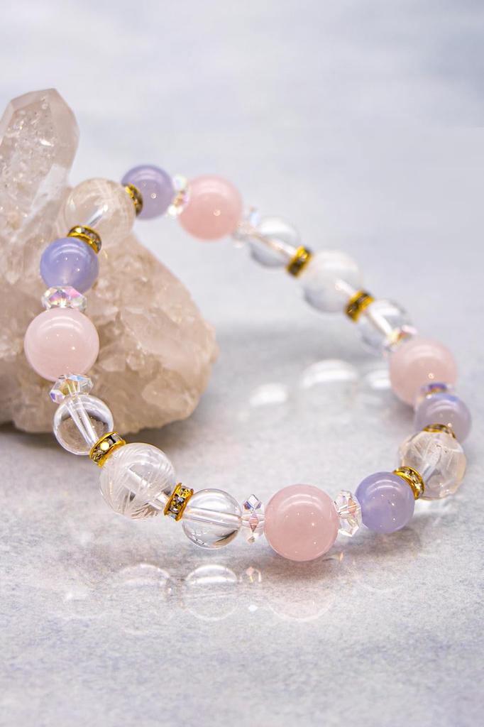 Liisha Power Stone Bracelet for and by Onmyodo Master Keiya Features Natural Rose Quartz and Blue Lace Agate Four Gods and Amulet for Good Fortune and