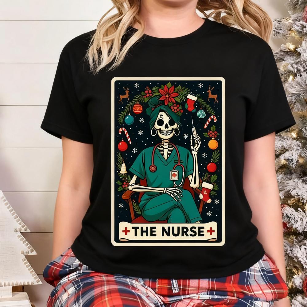 Christmas ER Nurse Tarot Shirt Emergency Nurse Life Holiday Tee Dia De Muertos The Nurse Skeleton Printed Tshirt Women Casual T