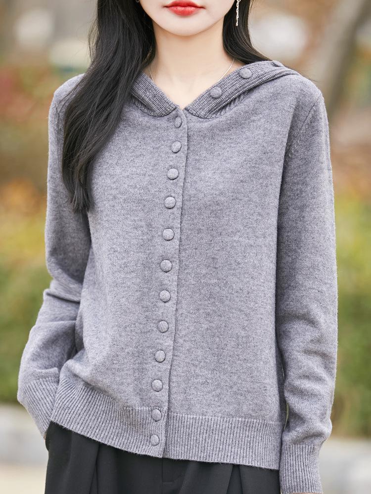 Women's Red Hooded Knit Cardigan - Autumn/Winter Fashion, Age-Reducing, Loose Slim Fit Sweater