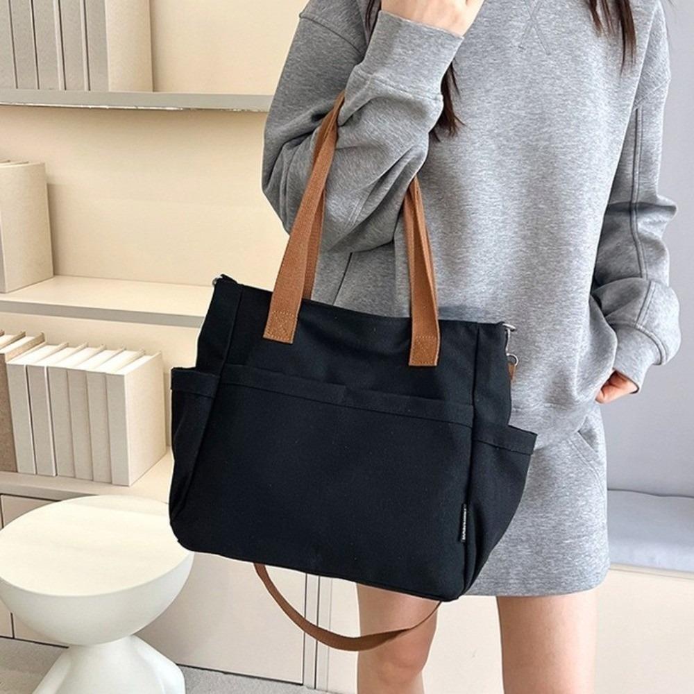 Multi-Pocket Canvas Handbag Zipper Commuting Crossbody Bag Simple Large Capacity Tote Bag Daily