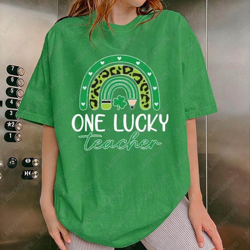 St Patricks Day One Lucky Teacher Cotton Tees Rainbow Lucky Shamrock Graphic T Shirts Teacher Unisex Shirt Funny Holiday Gifts
