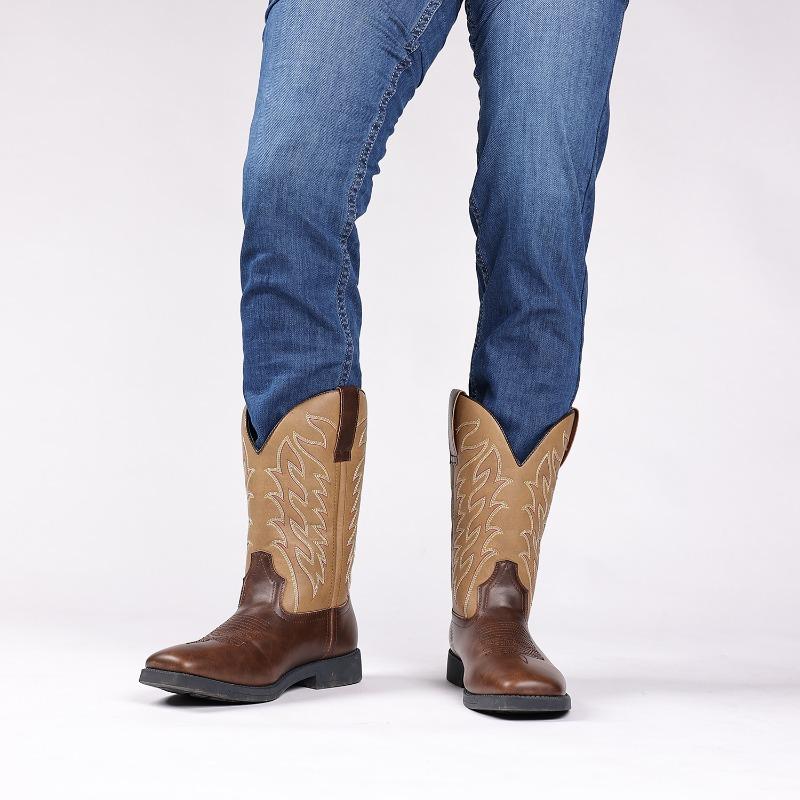 Fashion Retro Handmade Embroidery Men's Boots Classic High Top Leather Boots Mid-calf Western Cowboy Botas Outdoor Knight Boots for Men