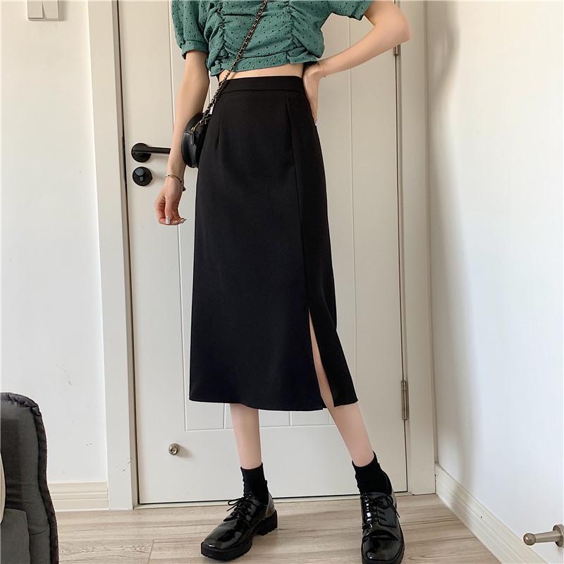 Women's High-Waist Black Midi Skirt - Drape Design with Slit, A-Line, Over-the-Knee, Perfect for Spring/Summer