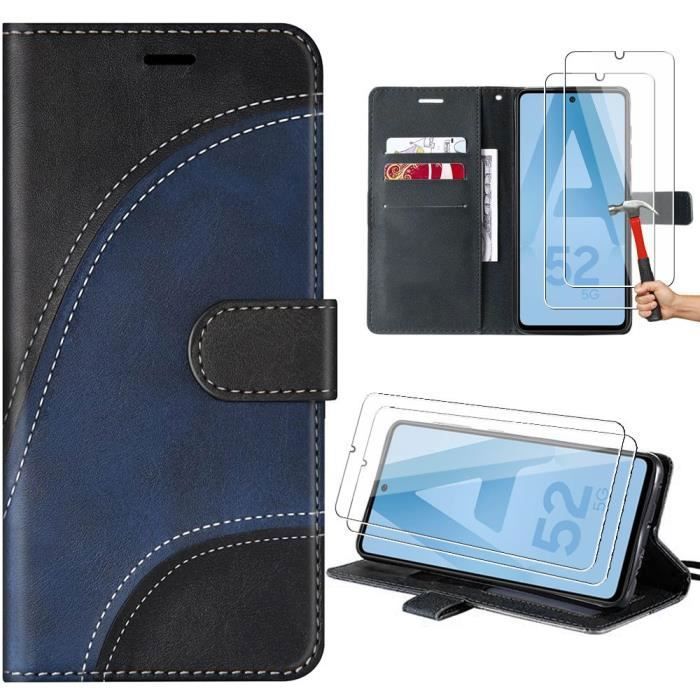 Coque pour Samsung Galaxy A52s 5G et A52 5G-4G - BOOLING - Motif vague - Noir - Cuir PU - 2 Verres Trempés