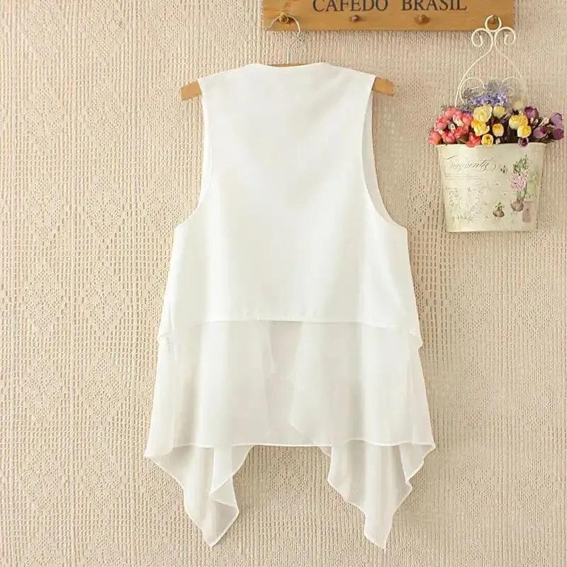 Colete Feminino de Chiffon Branco Preto Fino Moda Verão Slim Sem Mangas Colete para Usar por Cima Combina com Tudo Tops Cardigã Protetor Solar