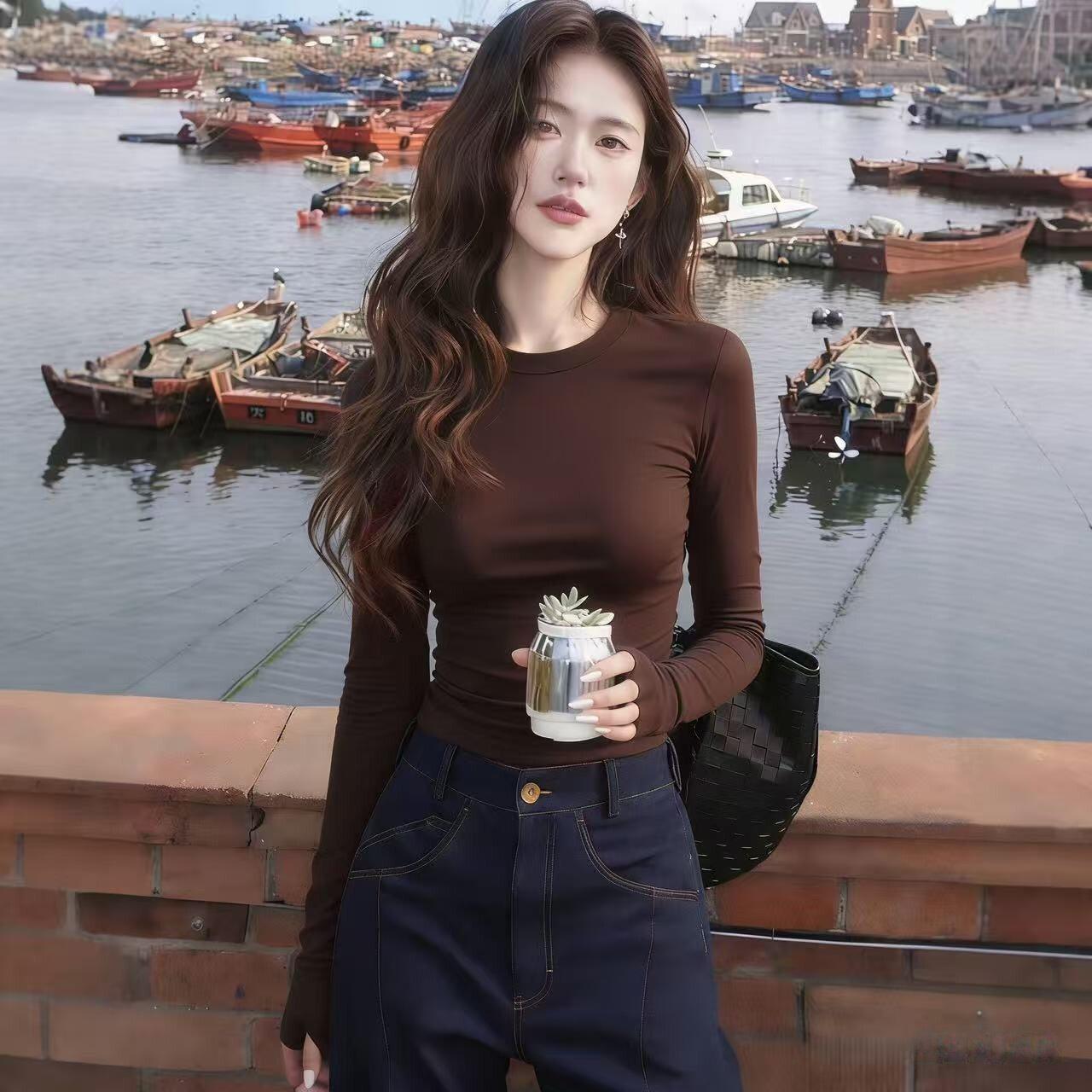

High-End Coffee Color Drop Shoulder Slimming Long Sleeve Women s T-shirt 2025 S кавовий