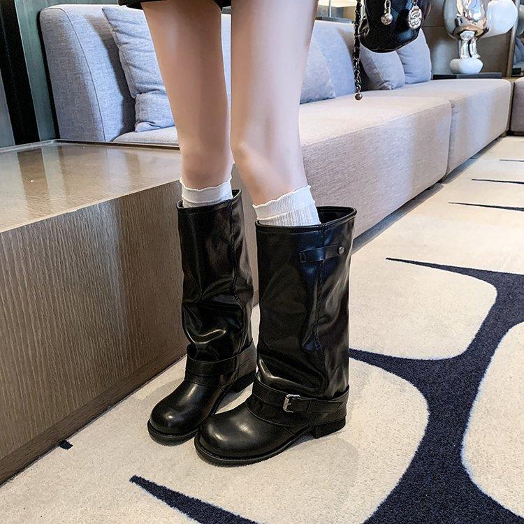 Autumn Winter Thick Heel Women Western Cowboy Boots Fashion Belt Buckle Slip on Shoes Ladies Vintage Pleated Short Booties