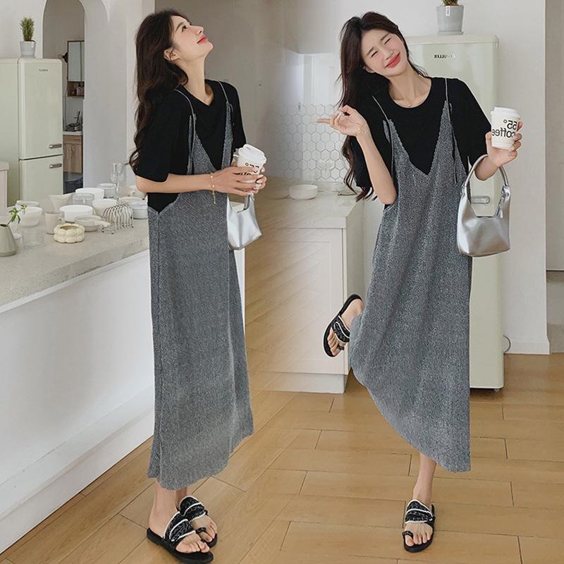 Summer 2026 Sweet Style Maternity Dress: Loose, Mid-Length, Belly-Concealing, Trendy Fake Two-Piece Design