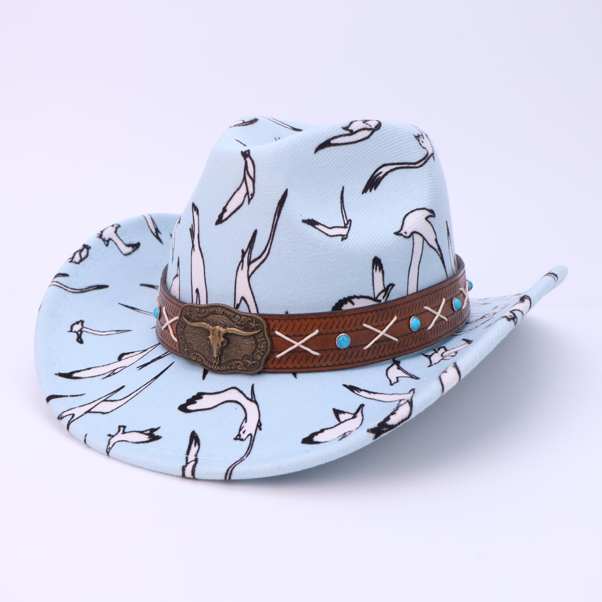 

Jazz Hat Printed Western Cowboy Hat British Sunscreen Sun Hat Beach Hat M（56-58cm） світло-синій колір