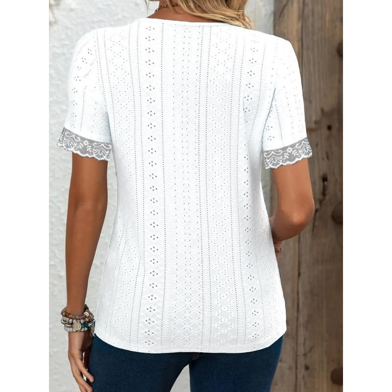 Women Short Sleeve V Neck Hollow Lace Trim Button T Shirt