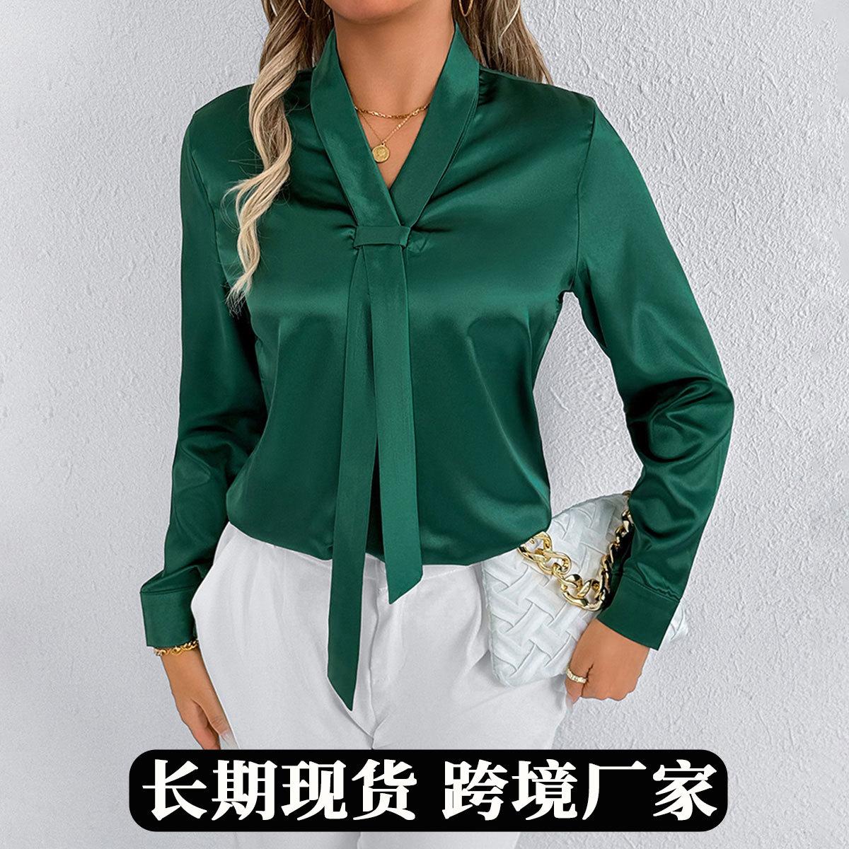 Women Black Satin V Neck Tie Front Long Sleeve Blouse S зелёный