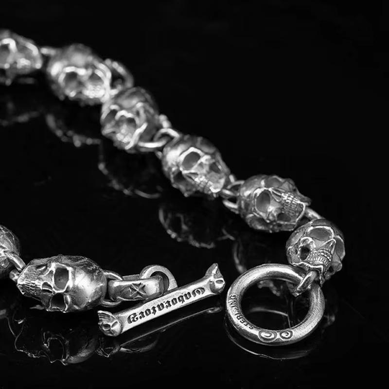 S925 Silber Amerikanischer Garber Stil Handgefertigte Totenkopf Motorrad Handband Trend Männer und Frauen Skelett Vintage Punk Armband