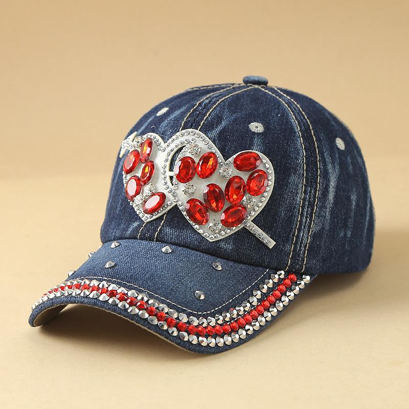 Shiny Rhinestone Cowboy Baseball Cap, Decorated With Glittering Crystal Stars / Heart-Shaped Embellishments. Adjustable Casual S