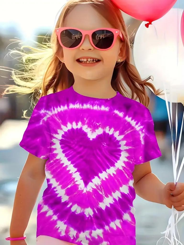 Girl Clothing Heart Tie Dye Print Summer Kids Short Sleeve T-Shirt Cute Round Neck Boy Girl Tee Outdoor Cute Children's Clothing