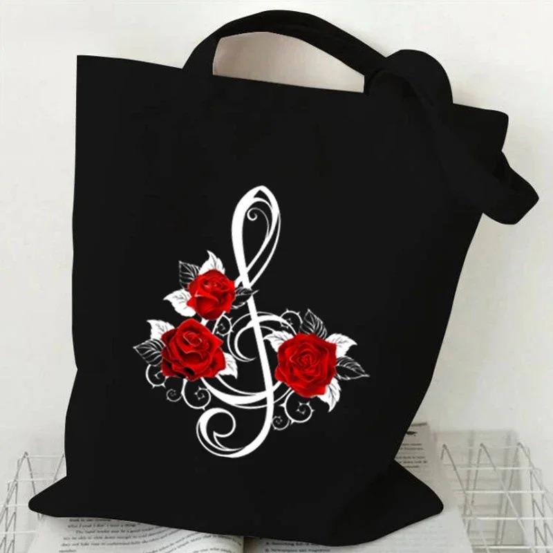 Music Heartbeat Printed Canvas Bag Shoulder Bag Folding Bag Handheld Shopping Bag Large Capacity Durable Eco Friendly Bag