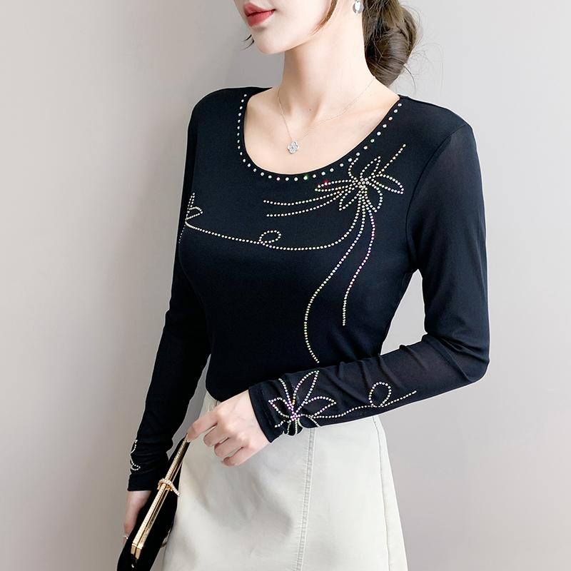 Spring Autumn Women's Hotfix Rhinestone T-Shirt Elegant O-neck Full Sleeve Tees Slim Ladies Tops