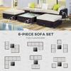 6 Pieces Rattan Garden Furniture Set, 5 Seater Garden Sofa Set with Thickened Cushions, Glass Top Coffee Table and Ottomans