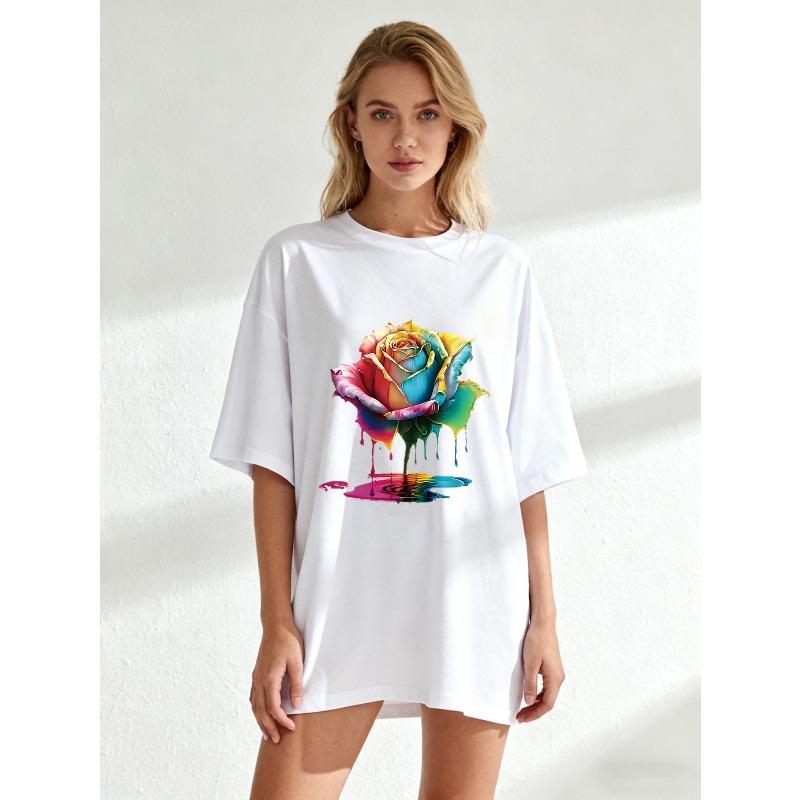 Übergroßes Damen-Kurzarm-T-Shirt mit Regenbogen-Farbverlauf, Tintenspritzer, Rose (mit Farbe-Tropf-Effekt) Drucken