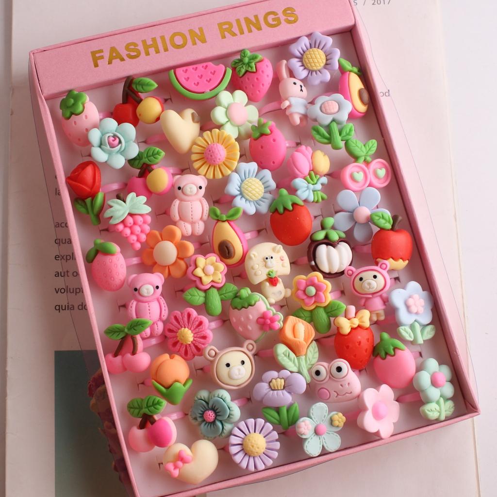 50Pcs Cartoon resin children's ring - Sweet flower ring - Gift box set finger ring - Party gift