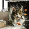 1pc Playful Tabby Kitten Shower Curtain - Brown & White, Colorful Fish & Water Droplets