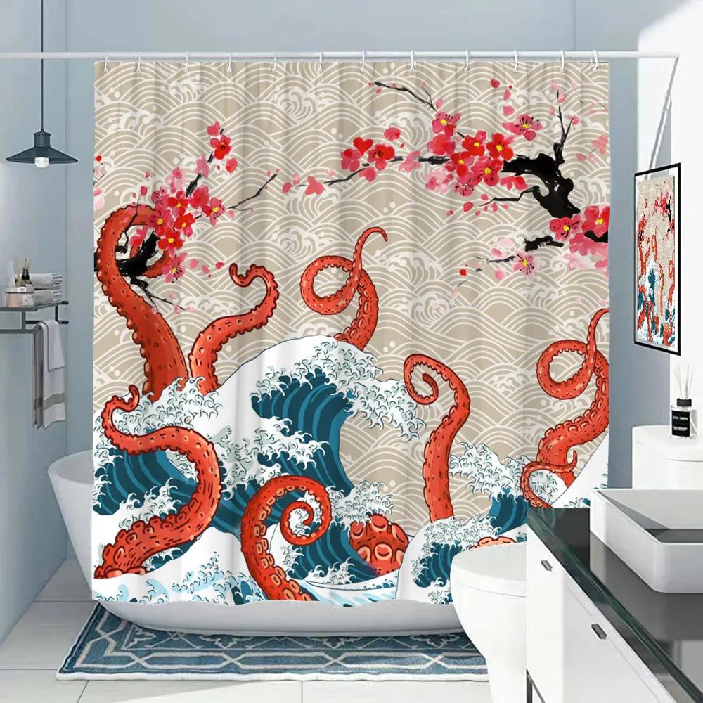 Octopus Shower Curtain Nautical Ocean Sea Turtle Beach Coastal Blue Fish Seashell Jellyfish Fabric Bath Curtains Bathroom Decor