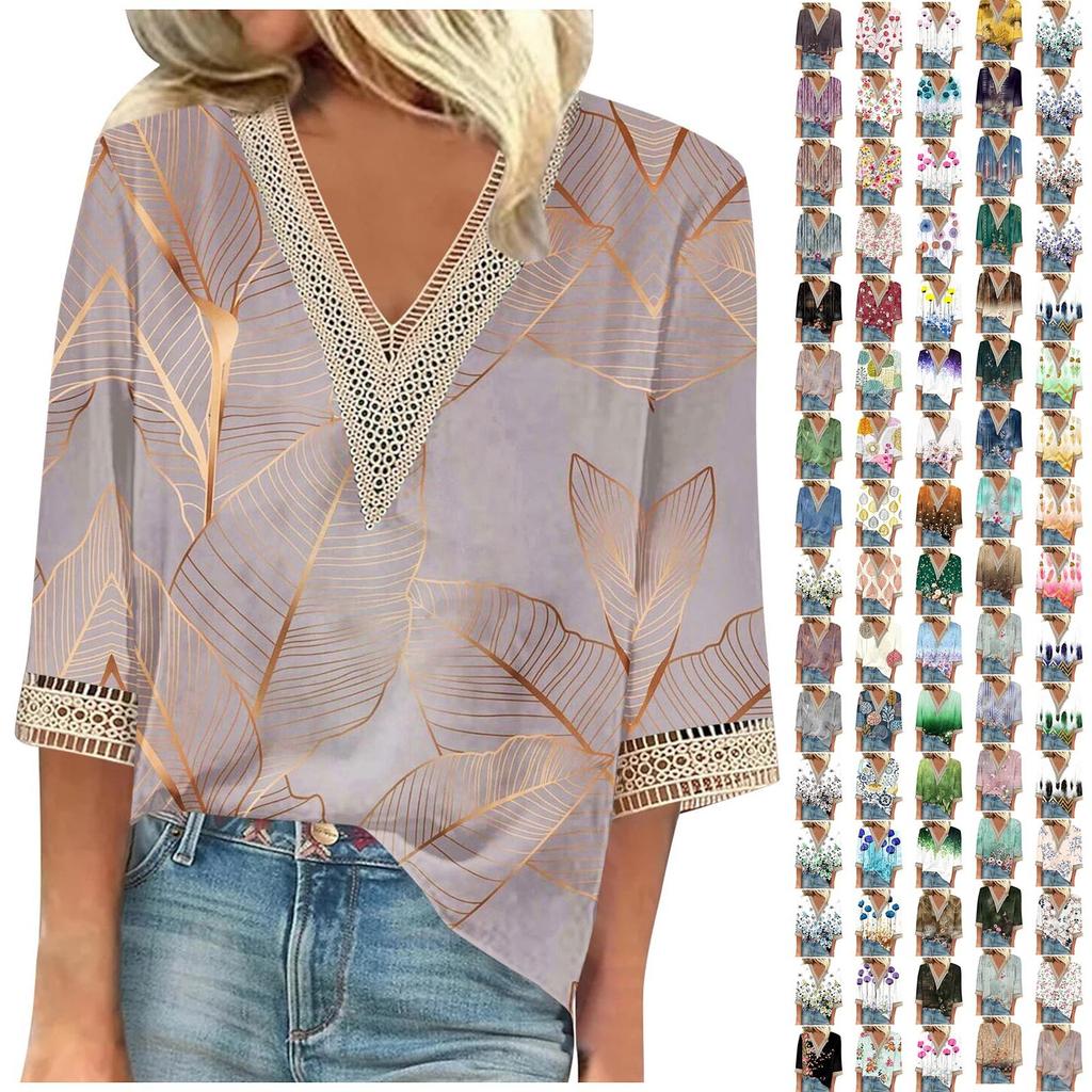 Women's Shirt Blouse Casual Loose Shirts 3/4 Sleeve Lace Print V Neck Tops Print Tops T-shirts Tee