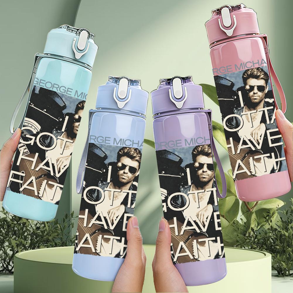 1PC Male Singer Band Vintage Portrait Print 750ml Colorful Plastic Sports Water Bottle Leakproof Pop Up Lid with Straw for Outdoor Work Home Use