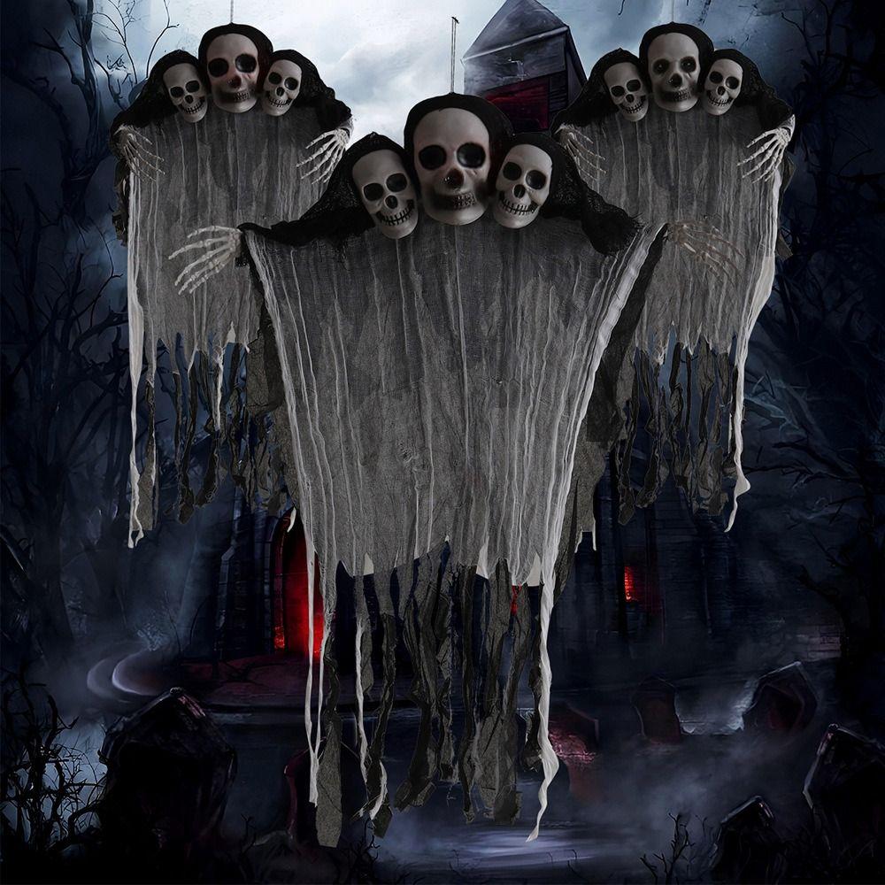 Cloth Halloween Hanging Ghost Skull Funny Halloween Pendant 3 Heads Ghost Skull Ornament Party