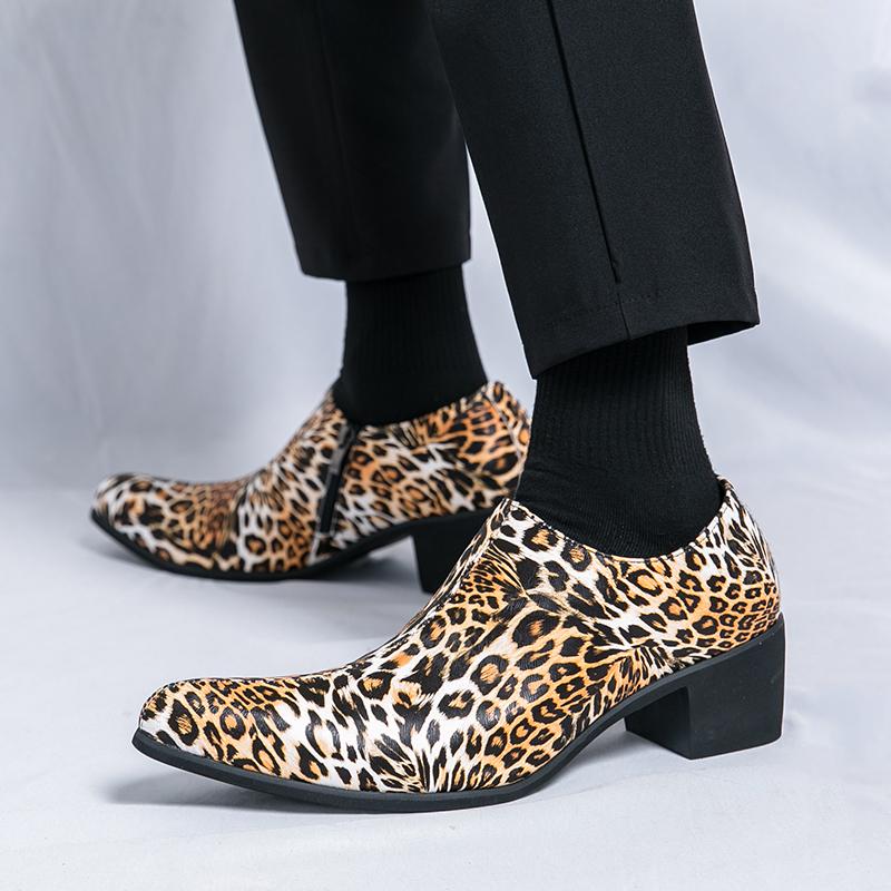 Luxury New Designer Men's Pointed Leopard Height Increasing Shoes Male Casual Loafers Wedding Formal Dress Footwear Zapatillas
