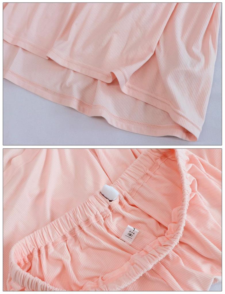 SUIMIN CARE Women's Rib Knit Pajamas, Short Sleeves, and Shorts, Summer, Pink and Green, Sizes S, M, L, and LL (LL, Pink)