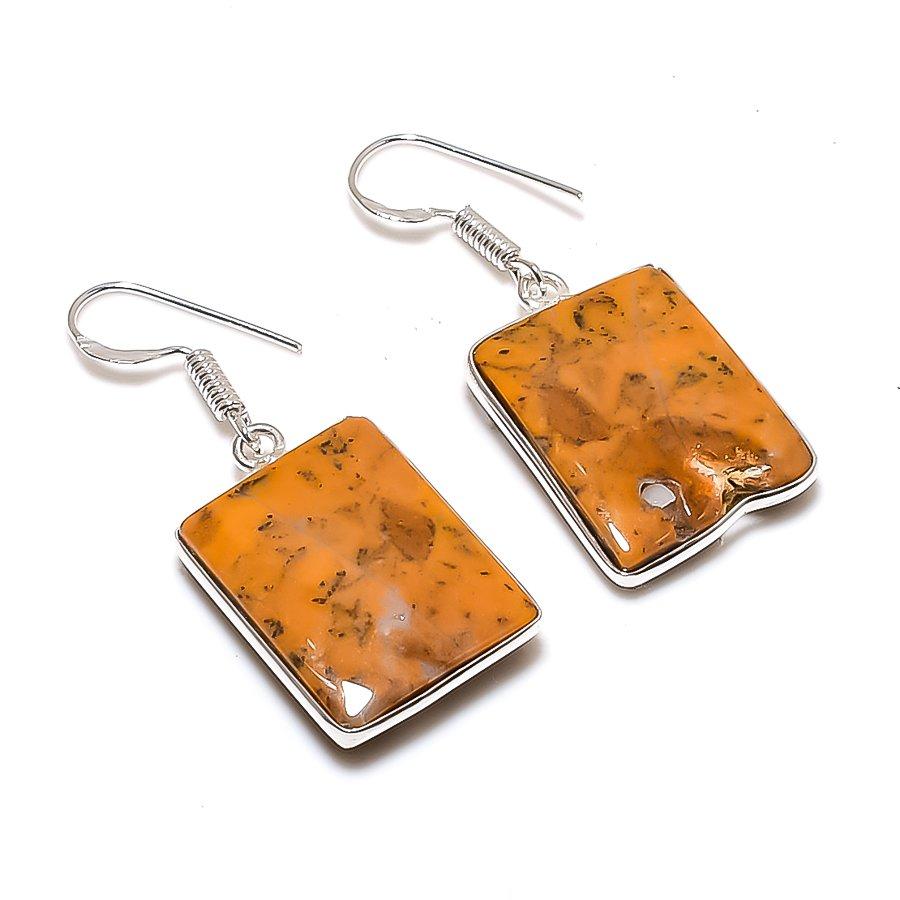 Natural Honey Dendritic Gemstone 925 Sterling Silver Jewelry Earring 1.65" AE-13056