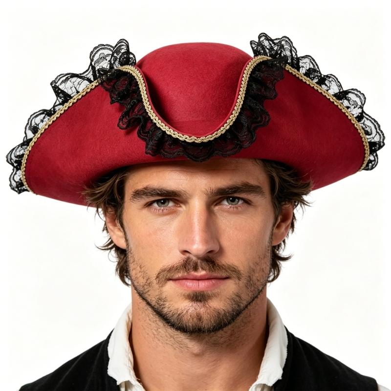 Stylish Black Pirate Hat With Lace And Feather Detail Halloween Cosplay Hat Perfect For Costume Parties
