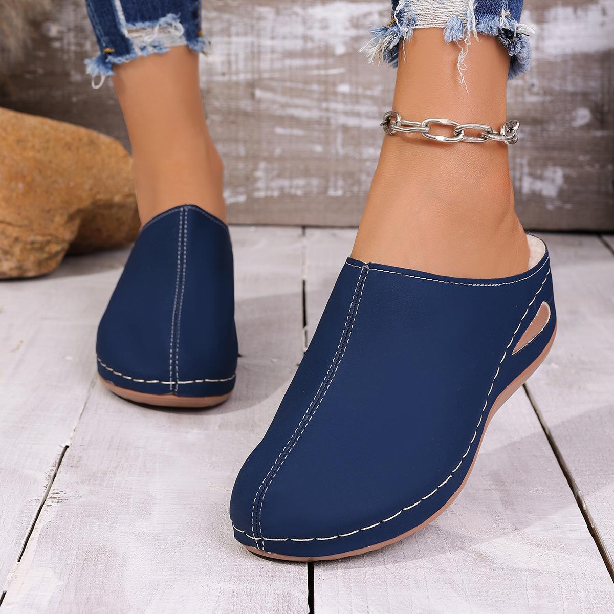 

Женские сандалии-слайды на танкетке, плюшевые мюли с открытым носком, уличные тапочки для женщин в европейском стиле 43 синий