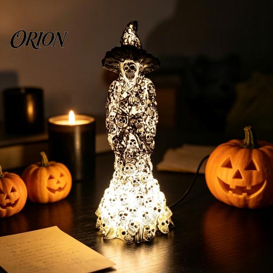 Halloween Night Light Skeleton Witch Resin Figurine, LED Up Gothic Statue, Spooky Decor for Bedroom Dark Fantasy Ornament Desk, Shelf, Mantel