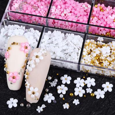 6 Griglie Scatola di dimensioni miste Resina Fiore a cinque petali Ornamento per nail art Oro Argento Perline per unghie Accessori per unghie Decorazione per manicure