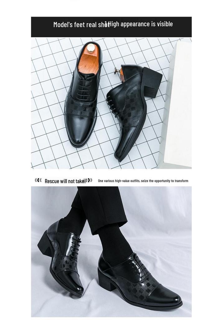 Men's Retro Leather High-Heeled Formal Shoes - Size 46, Pointed Toe, Low-Top, with Height Boost for Business or Wedding