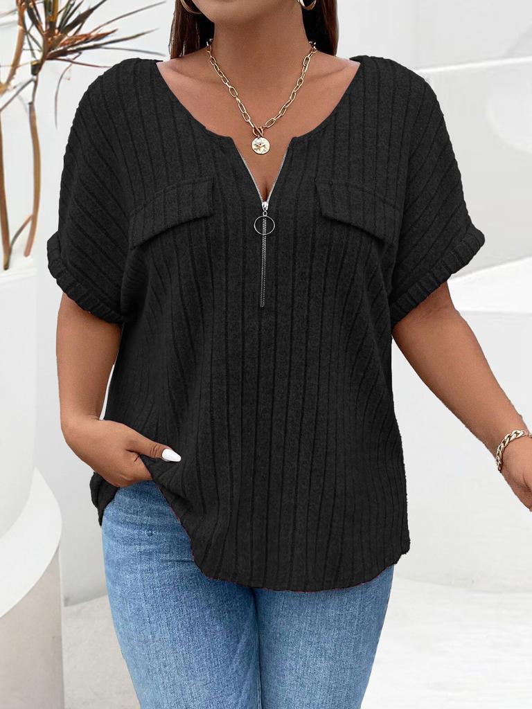 New solid color plus size women's blouse zipper short-sleeved fake pocket pullover T-shirt loose