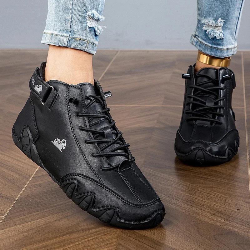 Women's Bare Boots Synthetic Leather Wear Resistant Trendy Soft Soled Non Slip Flat Shoes Lace Up Casual Sports High Top Shoes
