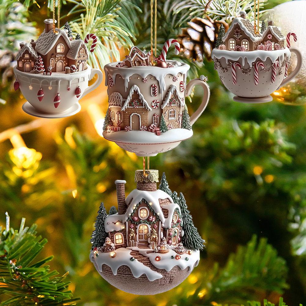 4pcs Christmas Coffee Cup Pendant Acrylic Snow House Ornament Car Decor Hanging For Backpack Keychain Holiday Gift Car Accessory