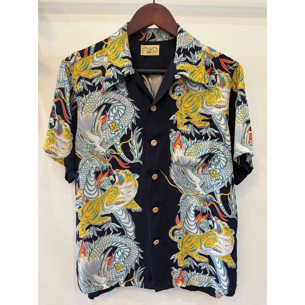 Used SUNSURF SP Edition Sunsurf Aloha Shirt Japanese Pattern Dragon Tiger Tornado Tiger sizeS Dark Blue Oriental Ska Shirt