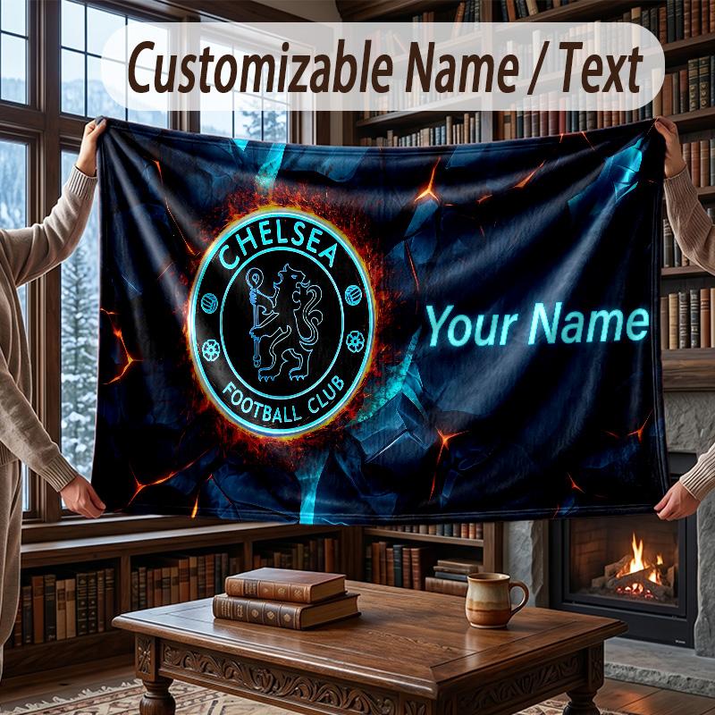 Custom Name Flannel Throw Blanket Chelsea FC Pattern Warm Home Decoration