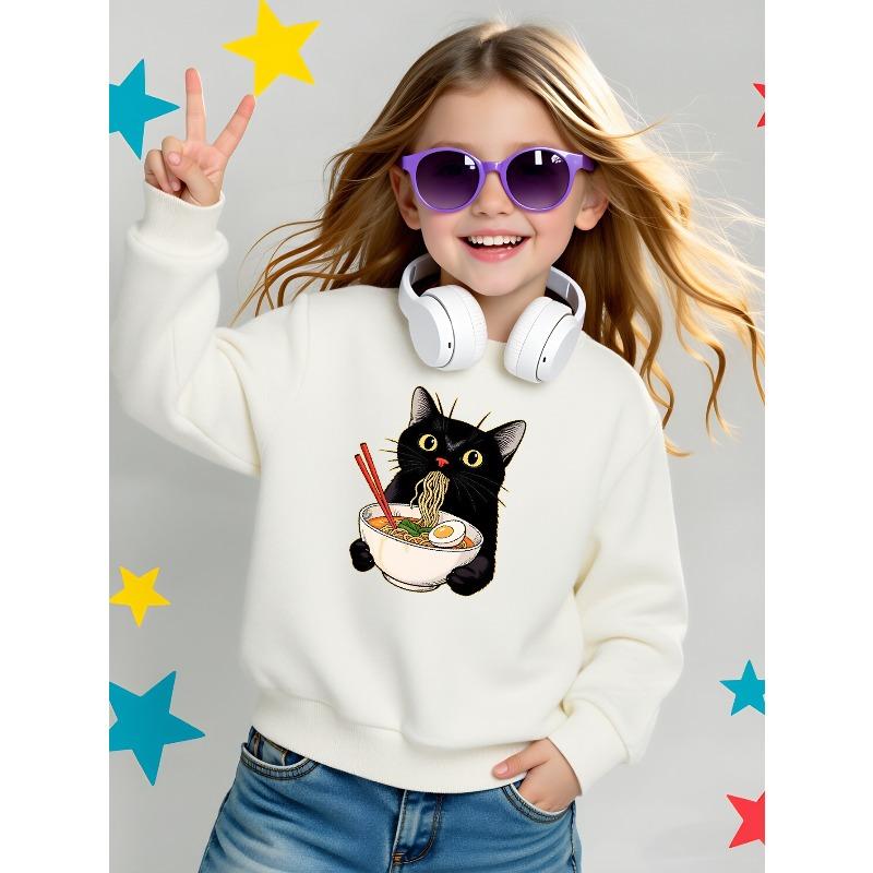 Kids Sweatshirts, Girls' Sweatshirts, Girls' Autumn Winter Fashion Cat Eating Ramen Noodles Print Print Long Sleeve Round Neck Sweatshirt