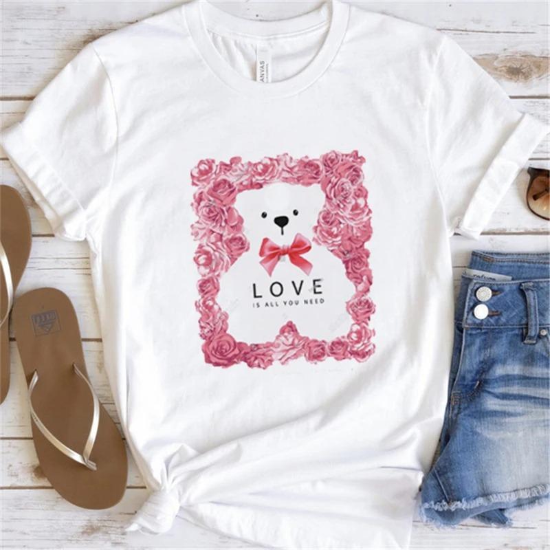 Cute Little Bear Print TShirt Summer Trend White Short Sleeve Neck Casual Sports Aesthetic Clothes Womens Graphic T Shirts