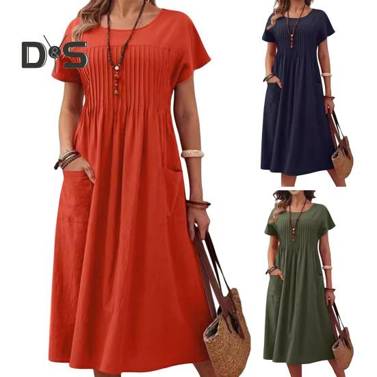 Women's Casual Dress Round Neck Short Sleeve Maxi Dress with Pocket Loose Fit Summer Dress for Office Daily Beach Party