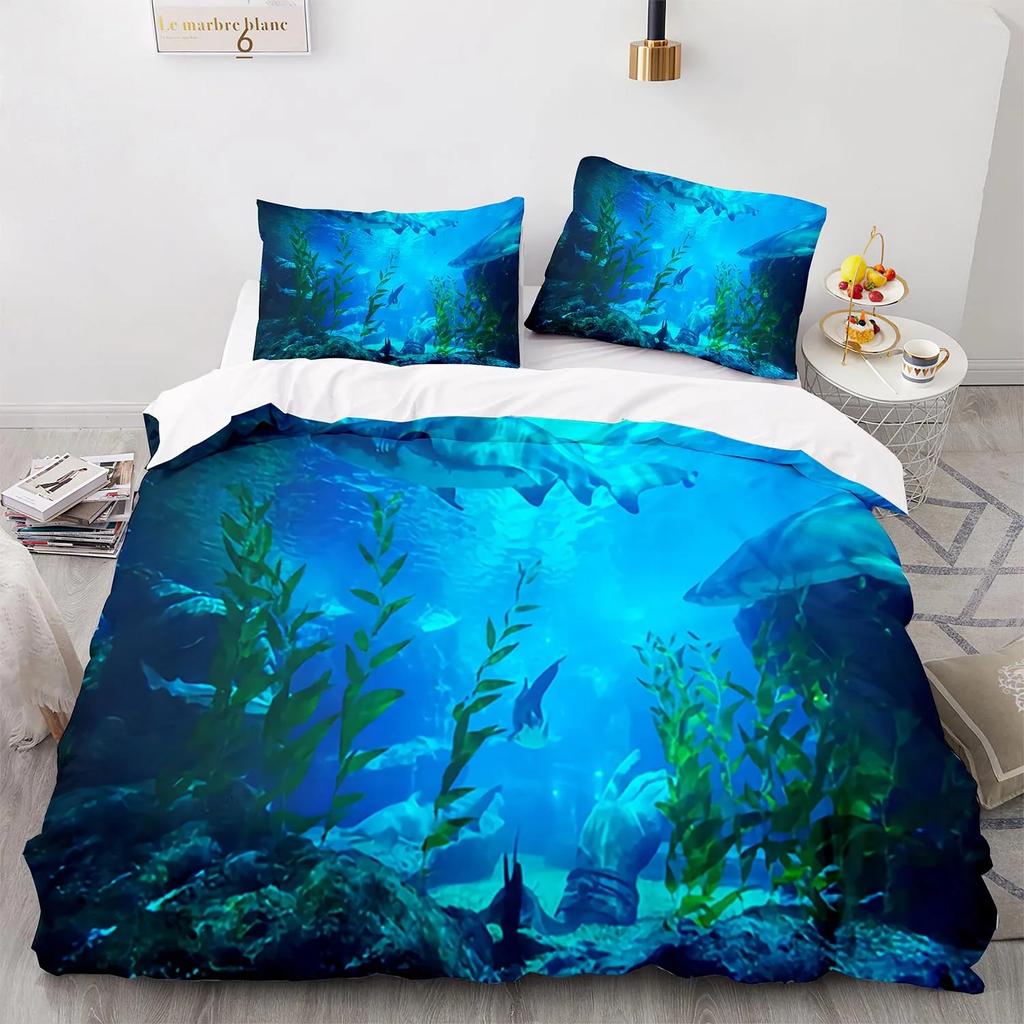 Blue Sea World Bedding Sets 3D Print Sea Animal Dolphins Sharks And Cartoon Quilt Queen Duvet Cover Set Kids Adult Bedclothes